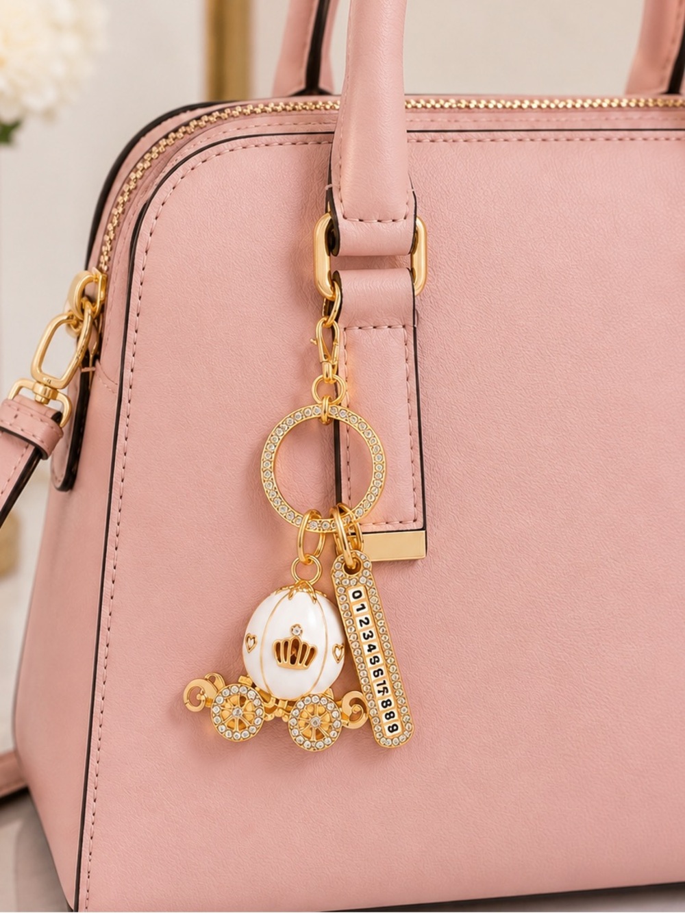 Cinderella Carriage Rhinestone Keychain White Gold Bag Charm